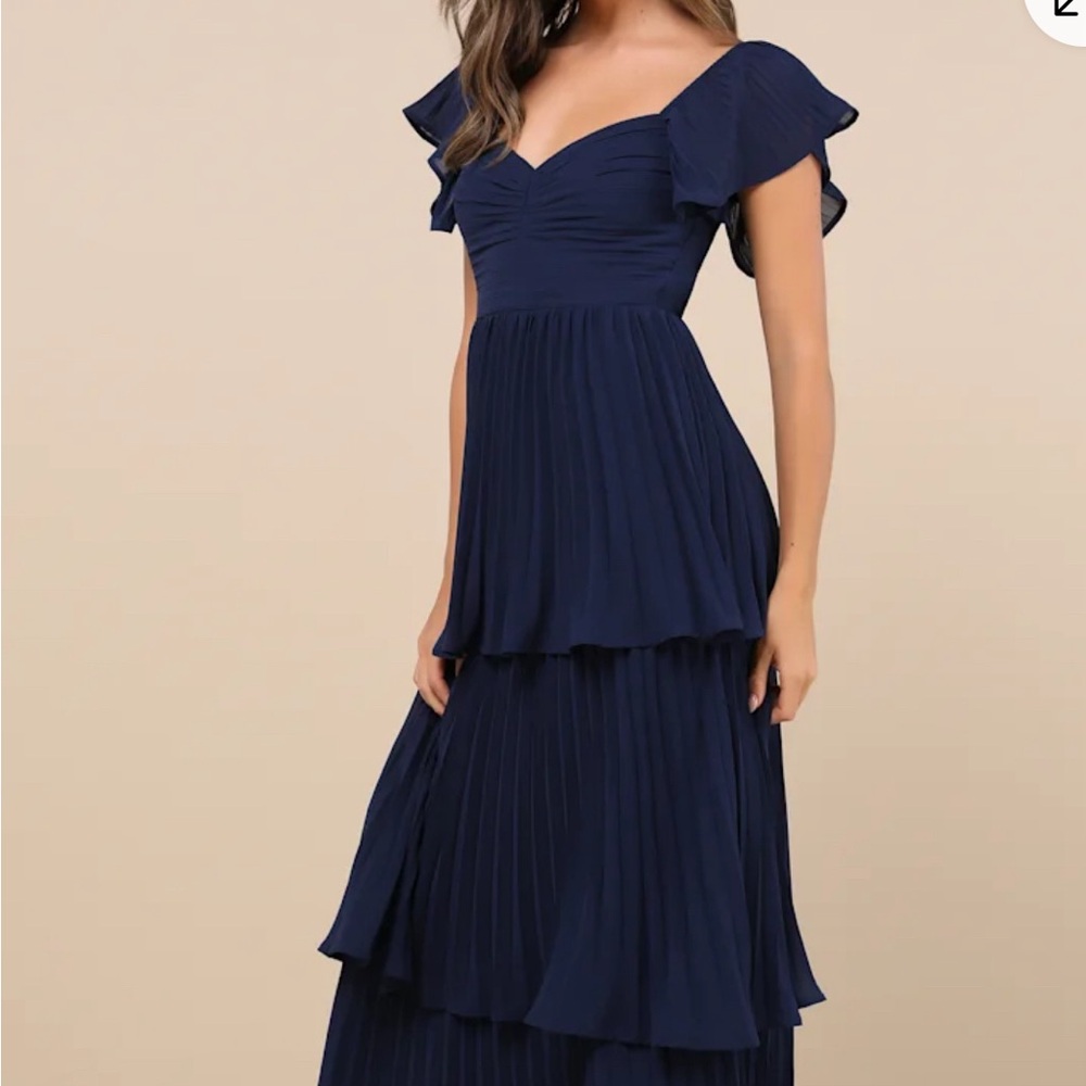 Lulus Notorious Charm Navy Blue Pleated Off - The Shoulder Maxi Dress Size S NWT